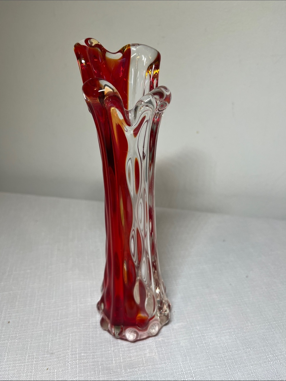 Vintage art glass bud vase Murano red & clear pattern & four-finger swung rim